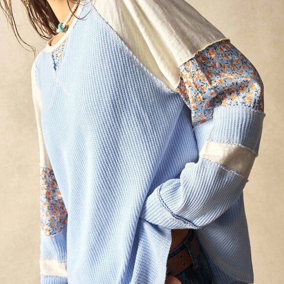 Blue Casual Women's Knit Patchwork Round Neck Long Sleeve Loose Blouse - Picture 3 of 8